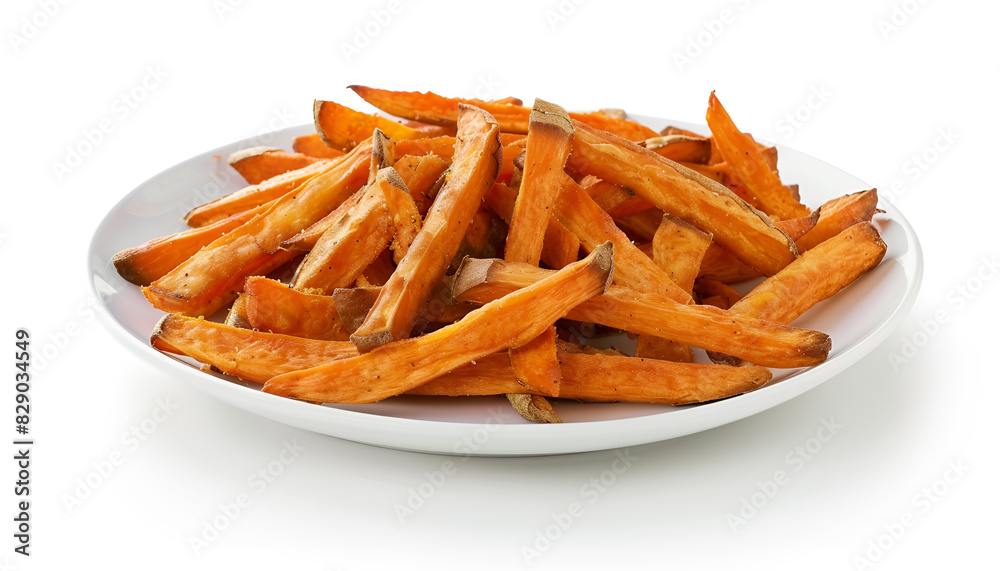 Plate with delicious sweet potato fries on white background Plate with delicious sweet potato fries on white background
