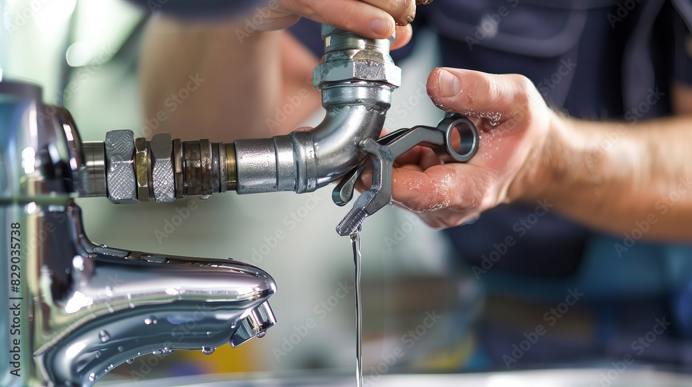 A male plumber's hand repairing a leaking sink pipe with an adjustable wrench A male plumber's hand repairing a leaking sink pipe with an adjustable wrench