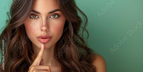 A beautiful woman with long brown hair shows the gesture of silence, the shush sign, putting her finger to her lips against a green background, in the style of copy space concept.