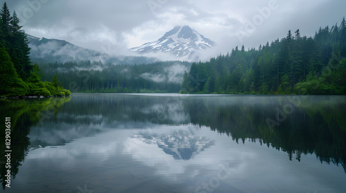 A mountain range is reflected in the water of a lake photo