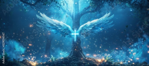 a bright big angel, a cross shining with a white glow, placed, and the other place is the sky for the blue text