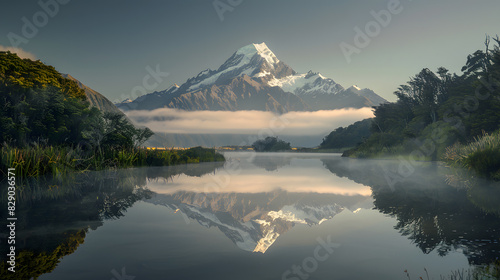 A mountain range is reflected in the water of a lake photo
