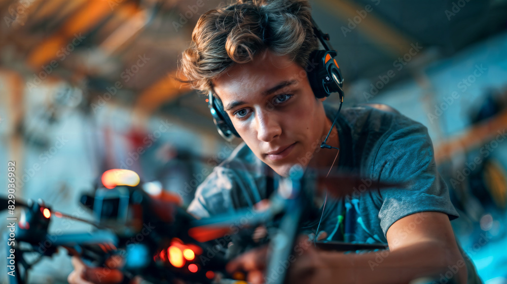 Young Man Working on a Drone with Headphones On Young Man Working on a Drone with Headphones On