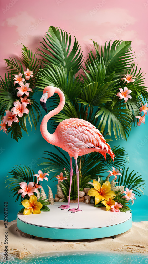 Pink Summer podium, flamingos on the side, product pedestal party scene display beach, Template platform 3D palm summer vacation backdrop pastel isolated spring studio stand flower template holiday Pink Summer podium, flamingos on the side, product pedestal party scene display beach, Template platform 3D palm summer vacation backdrop pastel isolated spring studio stand flower template holiday