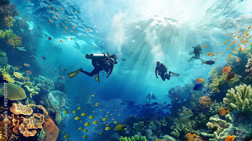 Fototapeta premium divers in a bright underwater reef with fish and corals