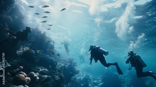 divers in a bright underwater reef with fish and corals photo