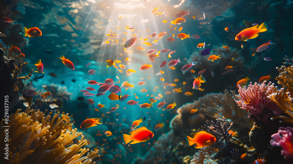 A school of fish swims in a coral reef A school of fish swims in a coral reef