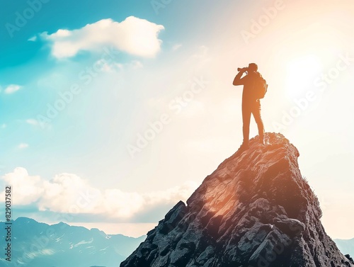 Wallpaper Mural young man standing on a mountain hill and looking into the binoculars in the distance, vision for success ideas Torontodigital.ca