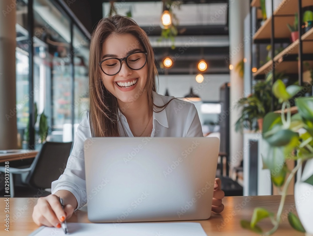 Close up portrait of a beautiful young woman smiling and looking at laptop screen
