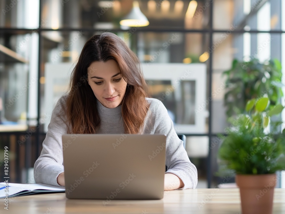 Close up portrait of a beautiful young woman smiling and looking at laptop screen Close up portrait of a beautiful young woman smiling and looking at laptop screen