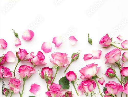 background with blooming pink rose flowers and petals isolated on white