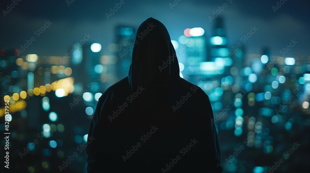 back view of hacker in sport suit standing on roof top above night megapolis city, anonymous faceless man in a hood back view of hacker in sport suit standing on roof top above night megapolis city, anonymous faceless man in a hood