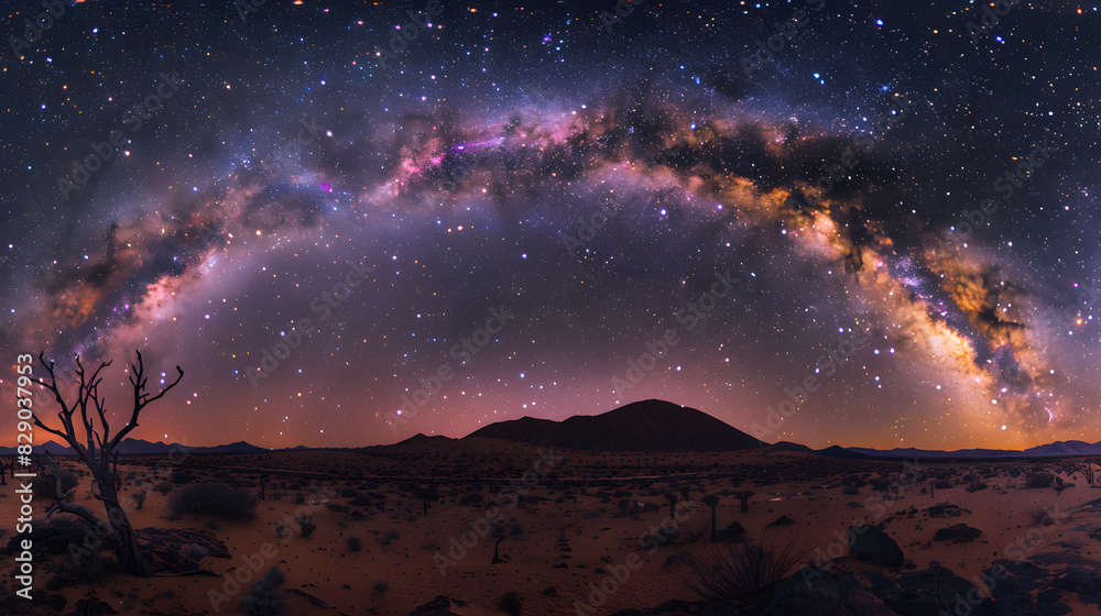 A large, glowing arc of the Milky Way stretches across the sky