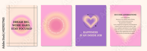 Aesthetic abstract gentle gradient background with ispiration and motivation quotes and phrases posters on blurred pattern. Modern print for social media stories, album covers, banners, templates
