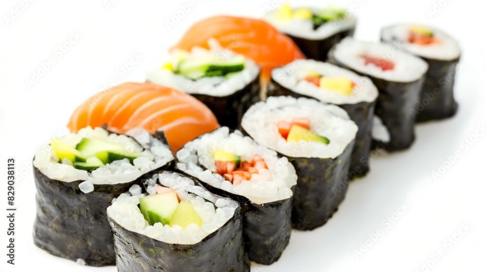 Sushi roll with salmon and shrimp tempura, sushi rolls on white background Sushi roll with salmon and shrimp tempura, sushi rolls on white background