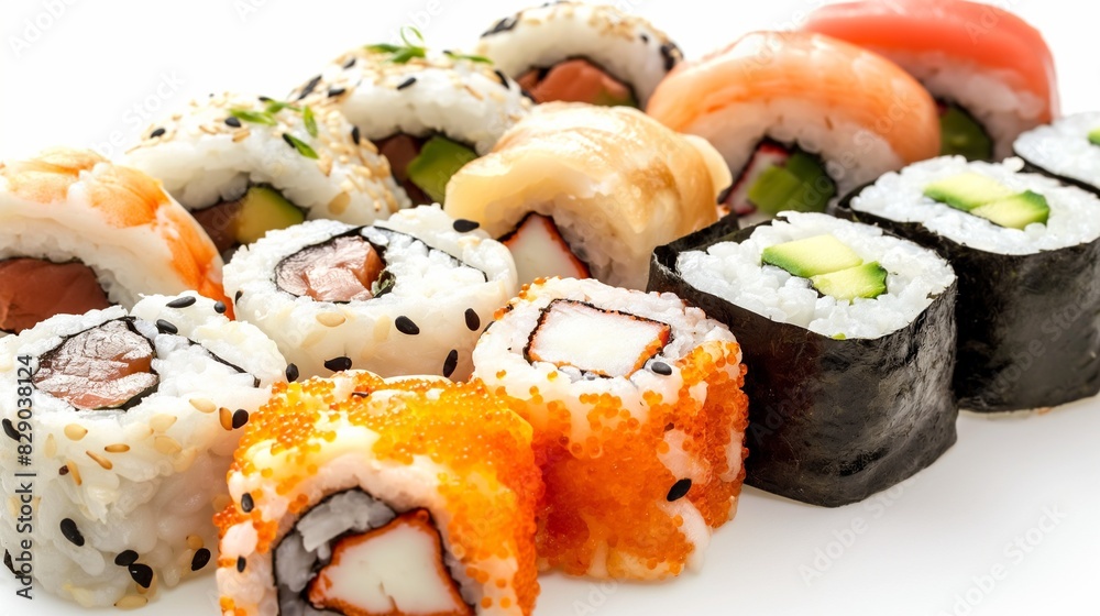 Sushi roll with salmon and shrimp tempura, sushi rolls on white background Sushi roll with salmon and shrimp tempura, sushi rolls on white background