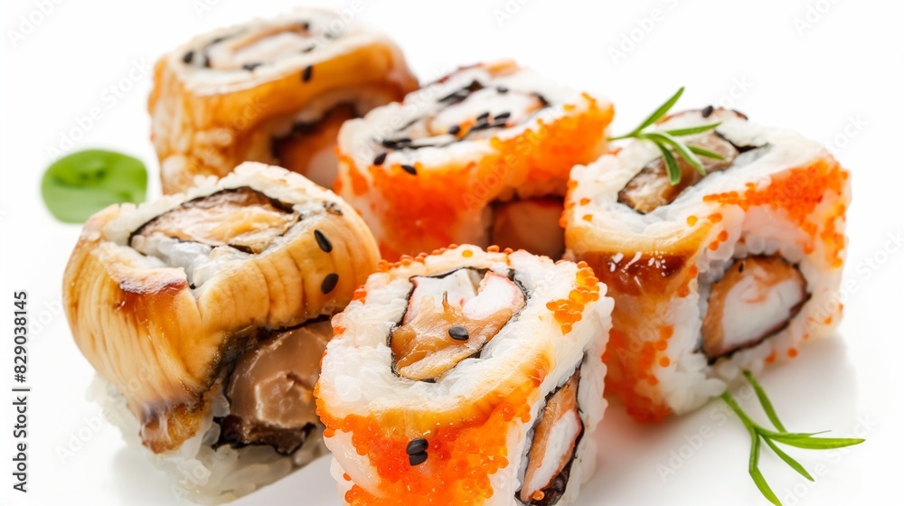 Sushi roll with salmon and shrimp tempura, sushi rolls on white background Sushi roll with salmon and shrimp tempura, sushi rolls on white background
