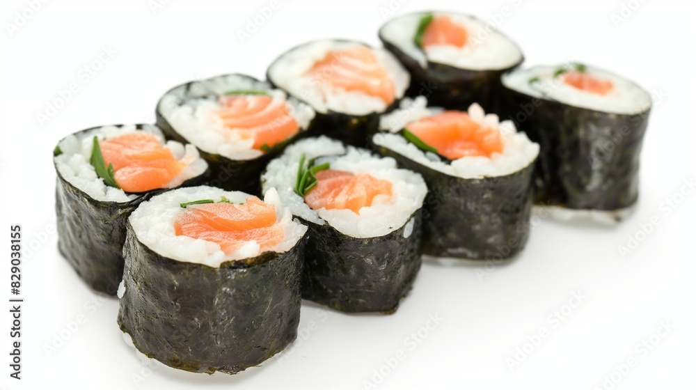 Sushi roll with salmon and shrimp tempura, sushi rolls on white background Sushi roll with salmon and shrimp tempura, sushi rolls on white background
