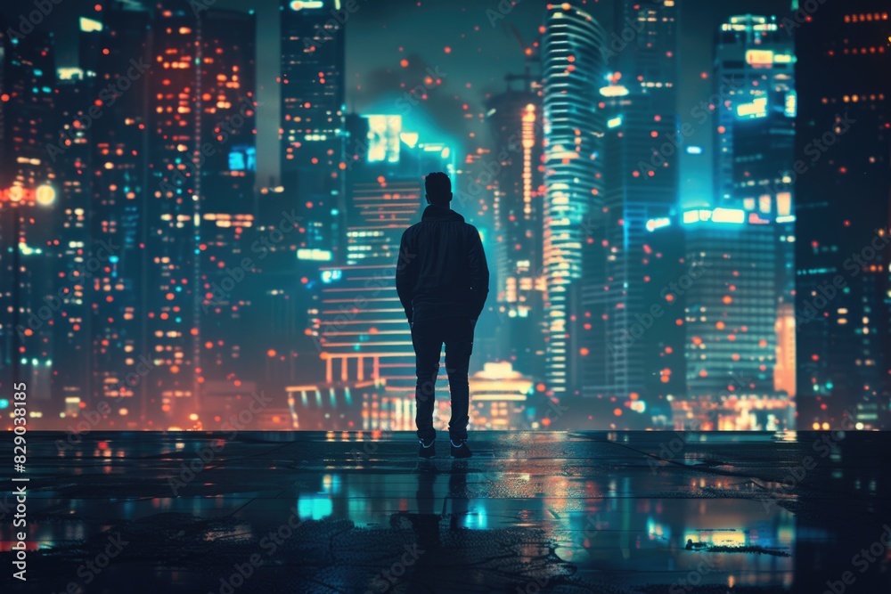 A man standing in the middle of a city at night. Suitable for urban lifestyle concepts A man standing in the middle of a city at night. Suitable for urban lifestyle concepts