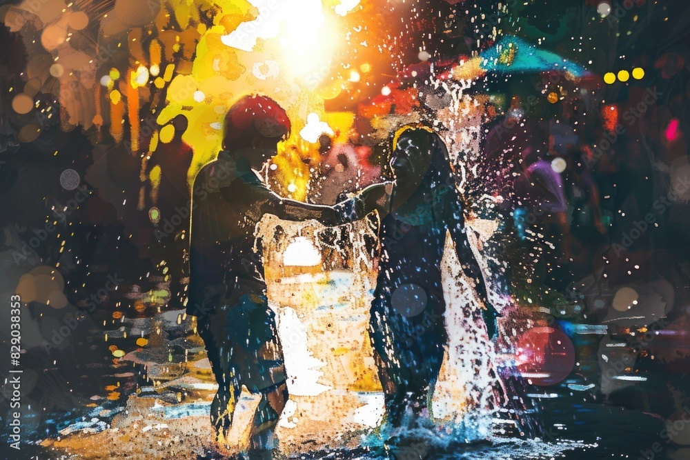 Two children having fun in a fountain, perfect for summer activities Two children having fun in a fountain, perfect for summer activities