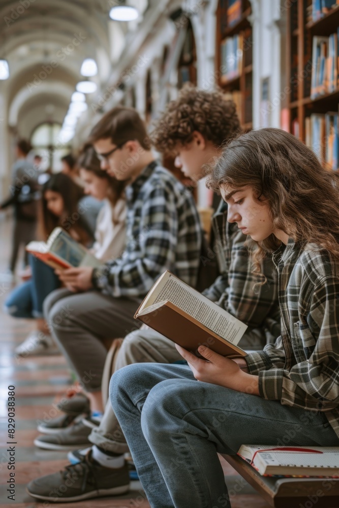 Group of people sitting on a bench reading books, suitable for educational and leisure concepts