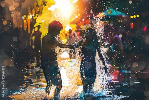 Two children having fun in a fountain, perfect for summer activities photo