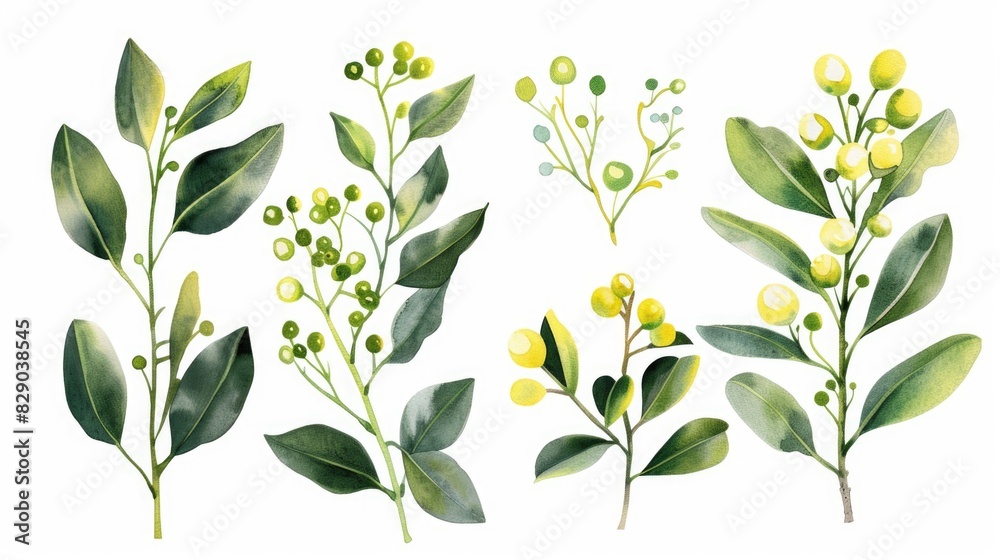Fototapeta premium A bunch of green leaves and flowers on a white background. Perfect for nature or spring-themed designs