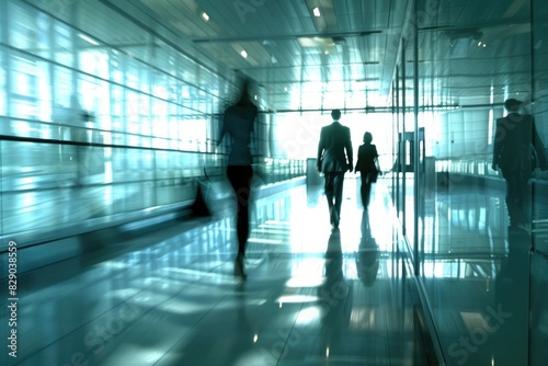 businesspeople walking in the corridor of an business center  pronounced motion blur photo