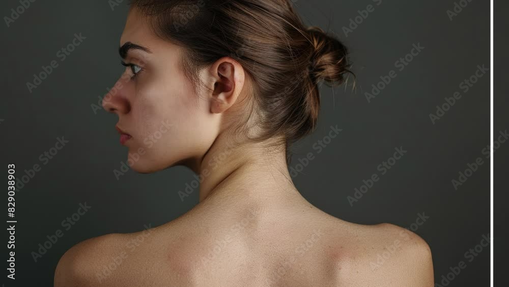 Treatment of acne and scars. Before and after. A woman with acne scars on her face and back. Close-up. Laser treatment. Sensitive skin. Health insurance. Surgery. Beauty cent Treatment of acne and scars. Before and after. A woman with acne scars on her face and back. Close-up. Laser treatment. Sensitive skin. Health insurance. Surgery. Beauty cent