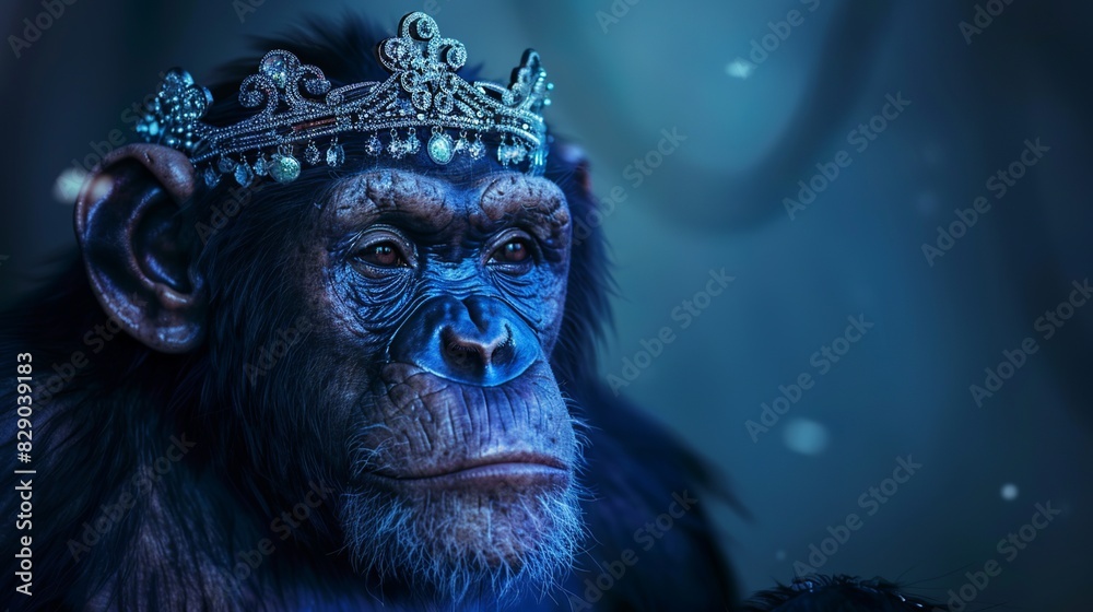Chimpanzee wearing an ornament crystal crown, close-up, blue tones, epic light