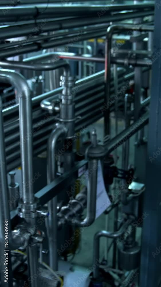 Milk and water pipelines at a modern dairy factory. Tanks, pipes and faucets close up. Gradual lifting above the factory equipment. Vertical video Milk and water pipelines at a modern dairy factory. Tanks, pipes and faucets close up. Gradual lifting above the factory equipment. Vertical video