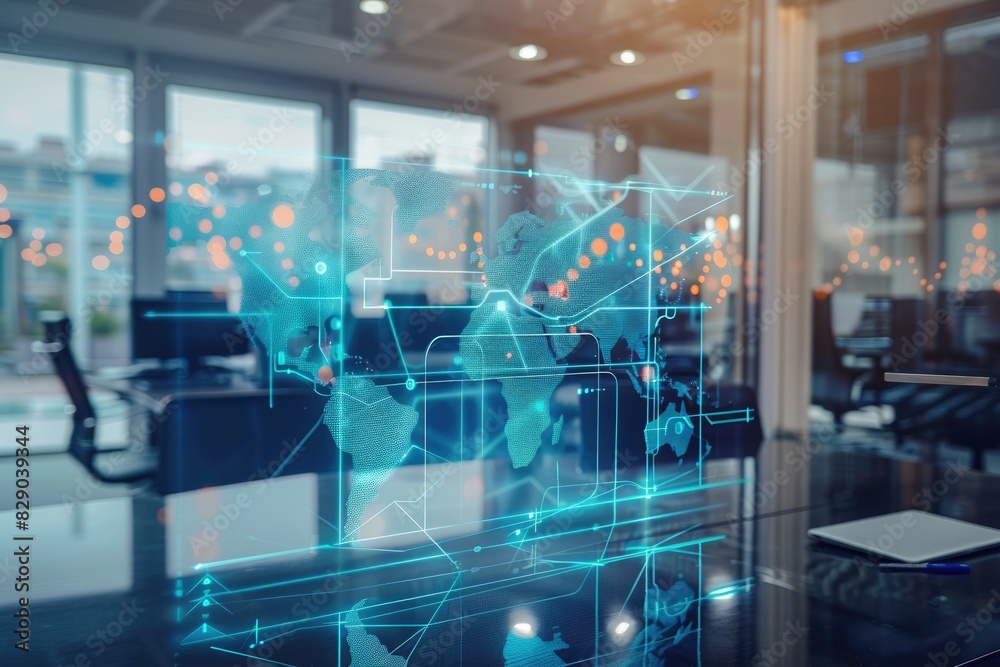 Abstract world map hologram in modern office communication concept. Abstract world map hologram in modern office communication concept.