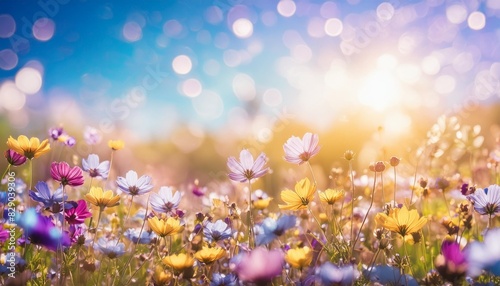 colorful wild flower meadow with blue sky and sun rays with bokeh lights floral summer background banner greeting card © Bryson