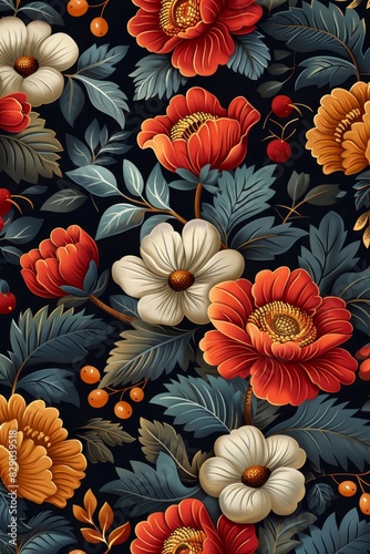 Black Background With Red, White, and Orange Flowers