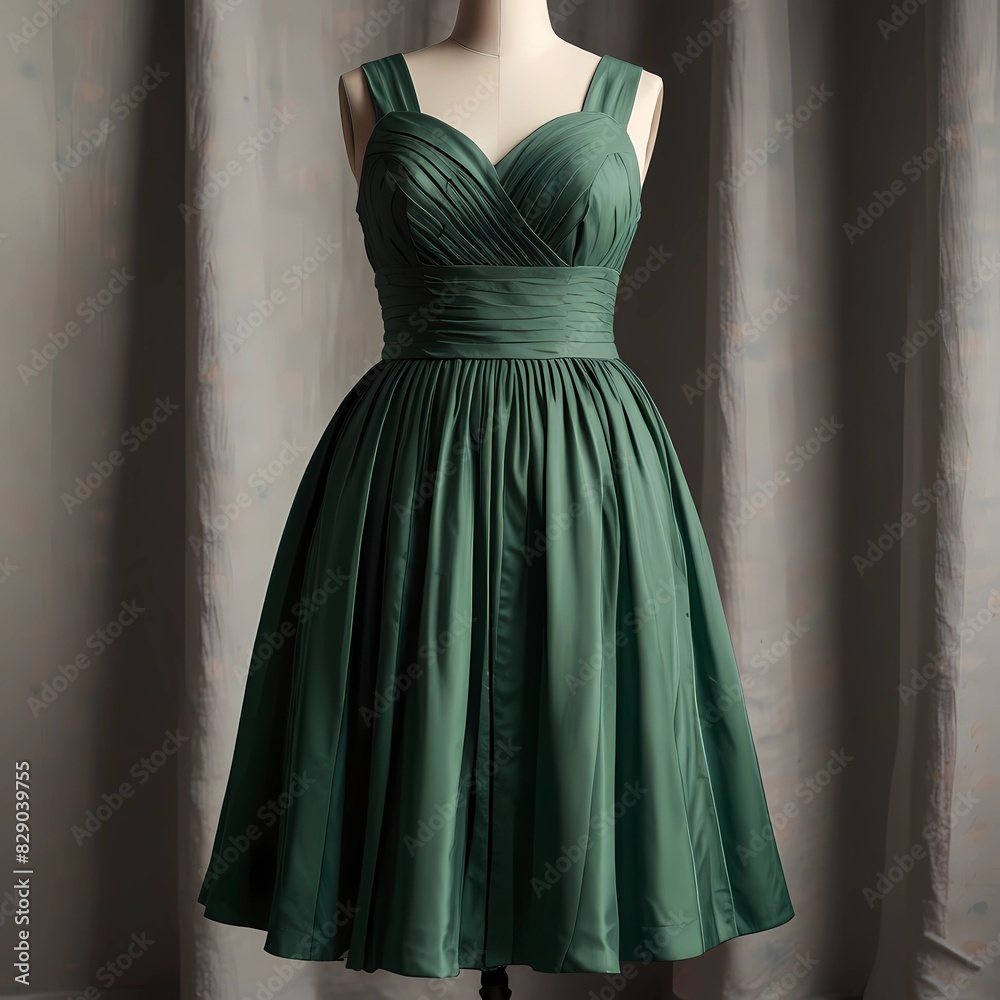 Ladies` beautiful green pleated dress, isolated on white background
