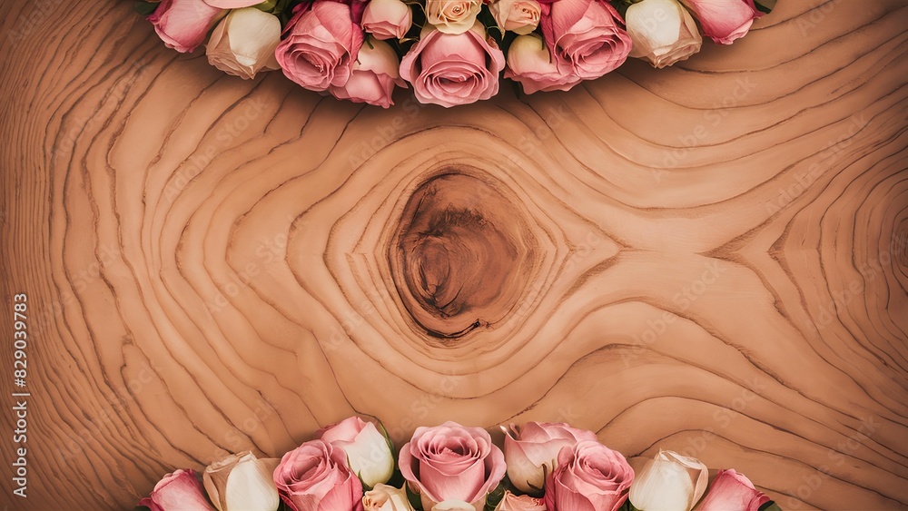 Clustered Pink and White Roses Laid Out on a Textured Wooden Surface Highlighting Natural Beauty with Rustic Charm