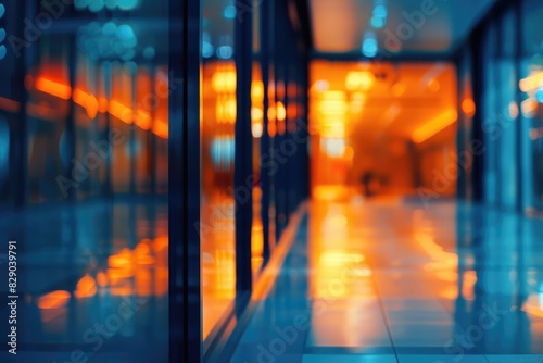 Blurry modern office entrance with blue background and orange light.