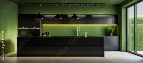 Modern black and green kitchen interior with black cabinets © Chand Abdurrafy