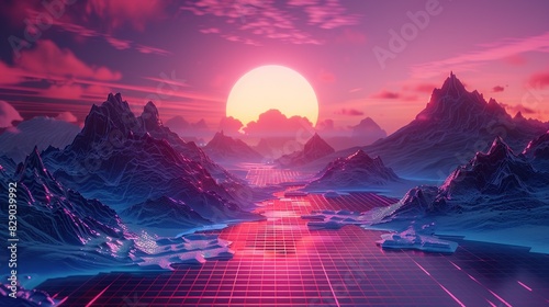 3D stylized vintage cyberpunk with mountains, sun in the style of the 80's, 90's. Landscape with neon light and low polygonal grid. Cyberpunk 3d illustration photo