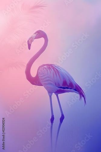 Elegant flamingo against a soft pink and purple gradient background with a palm shadow.