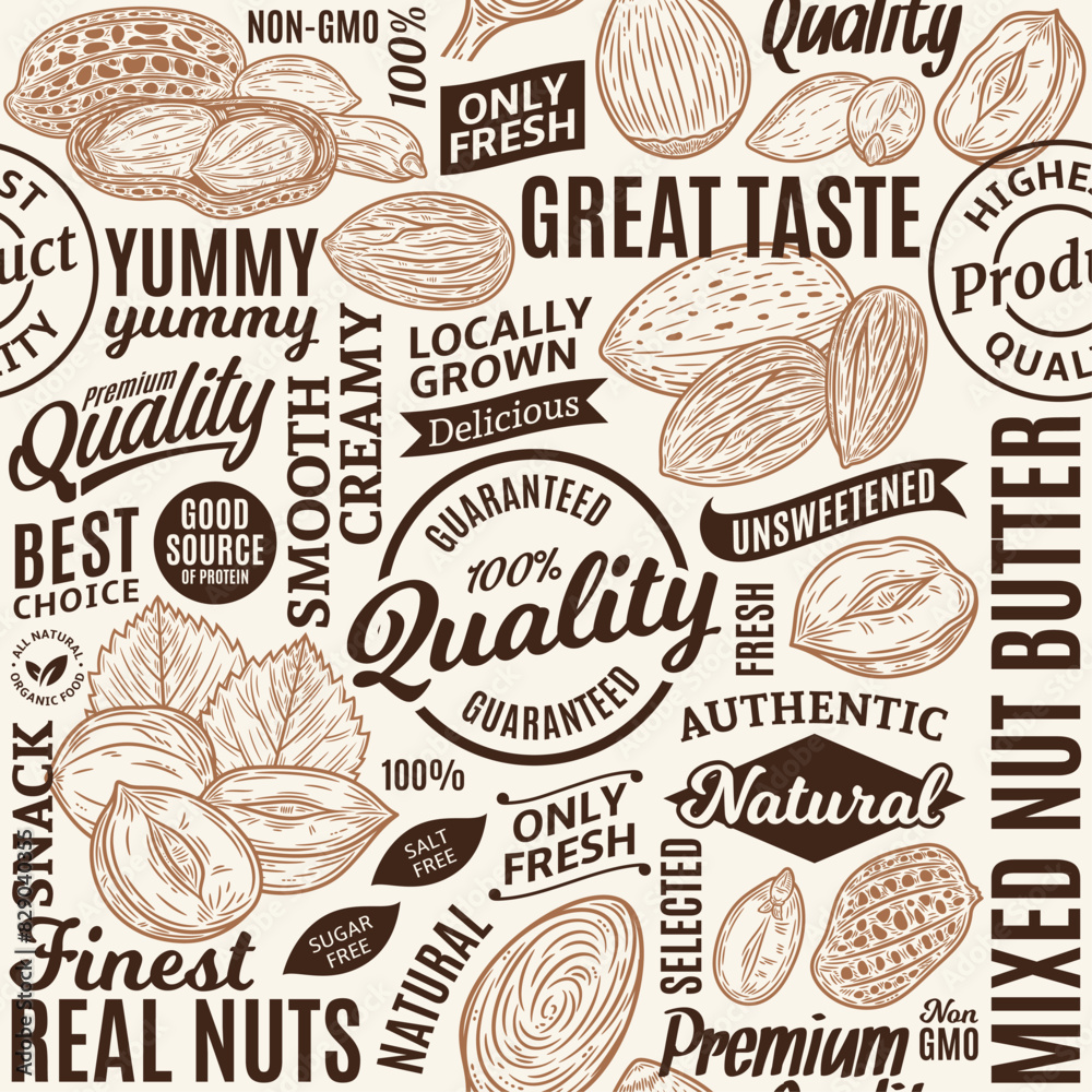 Typographic vector mixed nut butter seamless pattern or background