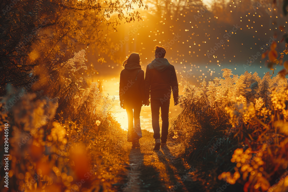 A pair of friends walking hand in hand along a sunlit path, sharing laughter and stories along the way. Concept of companionship and camaraderie. Generative Ai. A pair of friends walking hand in hand along a sunlit path, sharing laughter and stories along the way. Concept of companionship and camaraderie. Generative Ai.