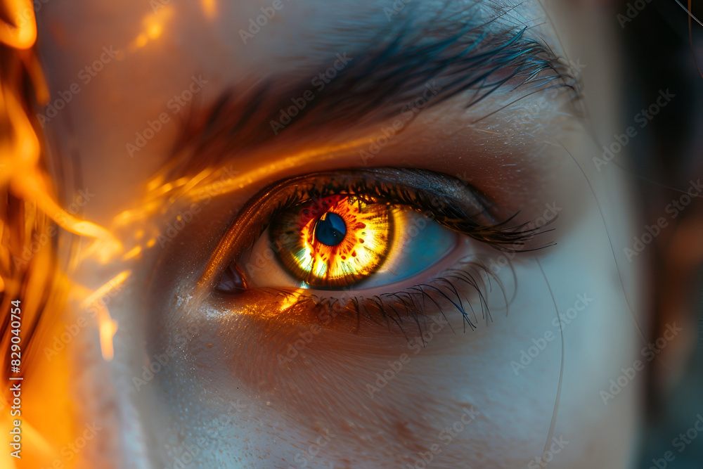 Closeup warm eye woman with fire flame mirroring on her iris retina. Closeup warm eye woman with fire flame mirroring on her iris retina.