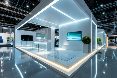 Sleek Modern Exhibition Booth with Blue Neon Lighting in a Spacious Convention Center