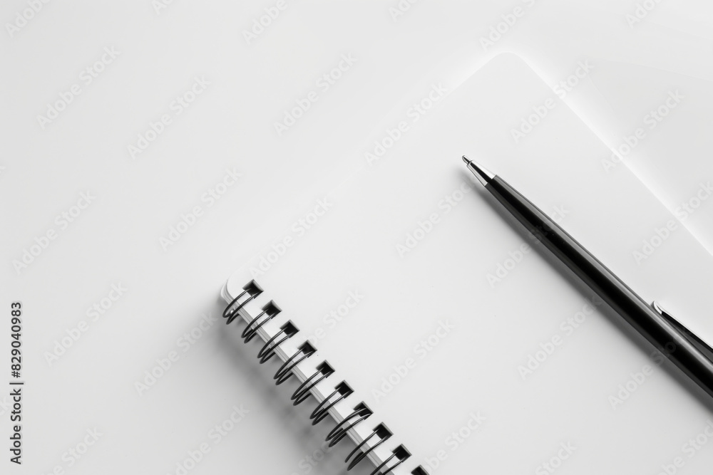 Pristine White Notebook with a Black Pen Lying on Top, Captured from Above - Ideal for Clean and Minimalist Office Themes in Commercial Photography Pristine White Notebook with a Black Pen Lying on Top, Captured from Above - Ideal for Clean and Minimalist Office Themes in Commercial Photography