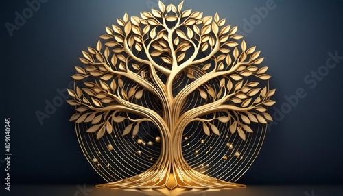 3D Tree with Elegant Design and Intricate Roots. A stunning 3D illustration of a golden tree with elegant leaves and intricate roots, showcasing a luxuriouerence Image