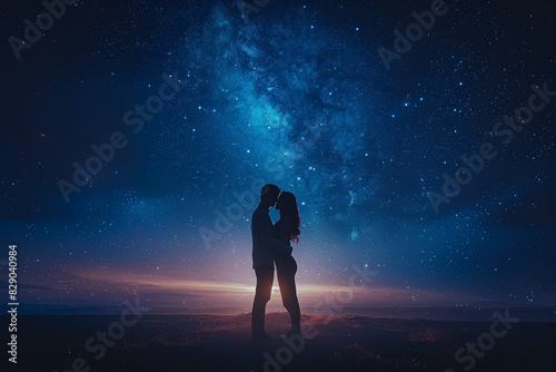 A couple embracing under a starry sky, their silhouettes illuminated by the moonlight. Concept of romance and intimacy. Generative Ai.