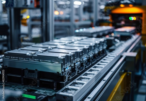 Close-up of lithium-ion cells in high-voltage electric vehicle battery production. Automotive industry battery cells on a high-capacity conveyor line.