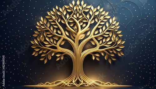 3D Tree with Elegant Design and Intricate Roots. A stunning 3D illustration of a golden tree with elegant leaves and intricate roots, showcasing a luxuriouerence Image