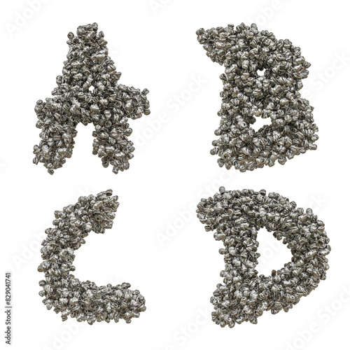 3d render of Crushed aluminium can capital letter alphabet - letters A-D